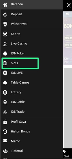 Tampilan menu slot di beranda