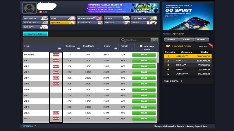 Tampilan pemilihan meja